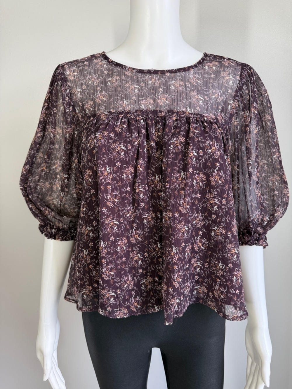 Self Contrast Floral Sheer Blouse Boho Peasant Top Burgundy Large NWT